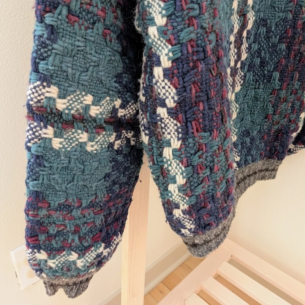 Vintage Plaid Waffle Stitch Button Front Wool Henley Sweater In Gray/Blue/Purple